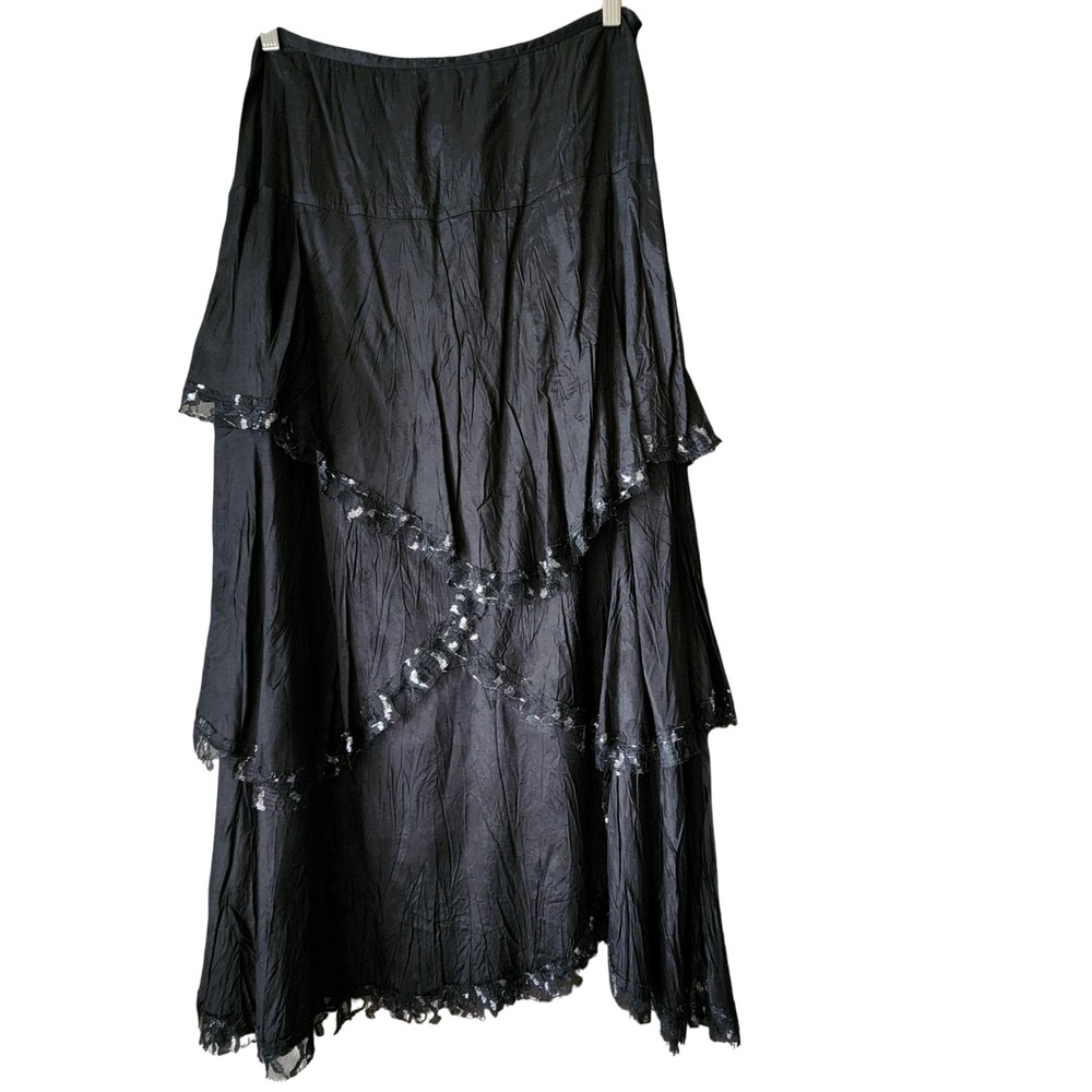 MetroStyle Tiered Midi Skirt 10 Black Flowy Satin Lace Fairy Goth Witchy Vamp